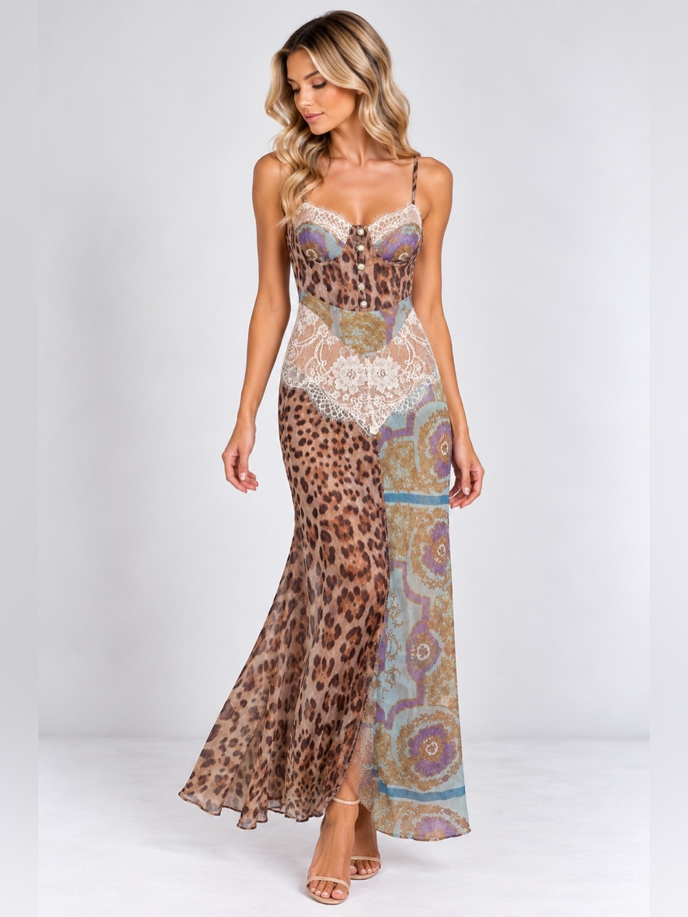 Leopard Baroque Print Lace Patchwork Maxi Dress | NWOT Size L